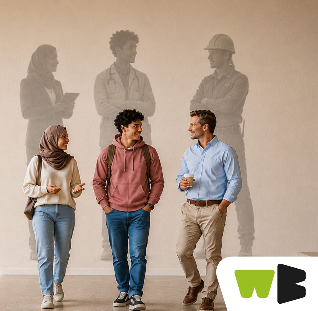 Drie mensen in gesprek met het logo van het werkbedrijf rechtsonderin